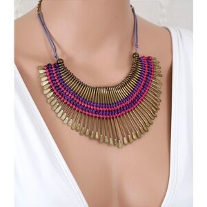 Statement Bib Necklace Fringe‎ Beaded Gold Tone Purple Pink Cord